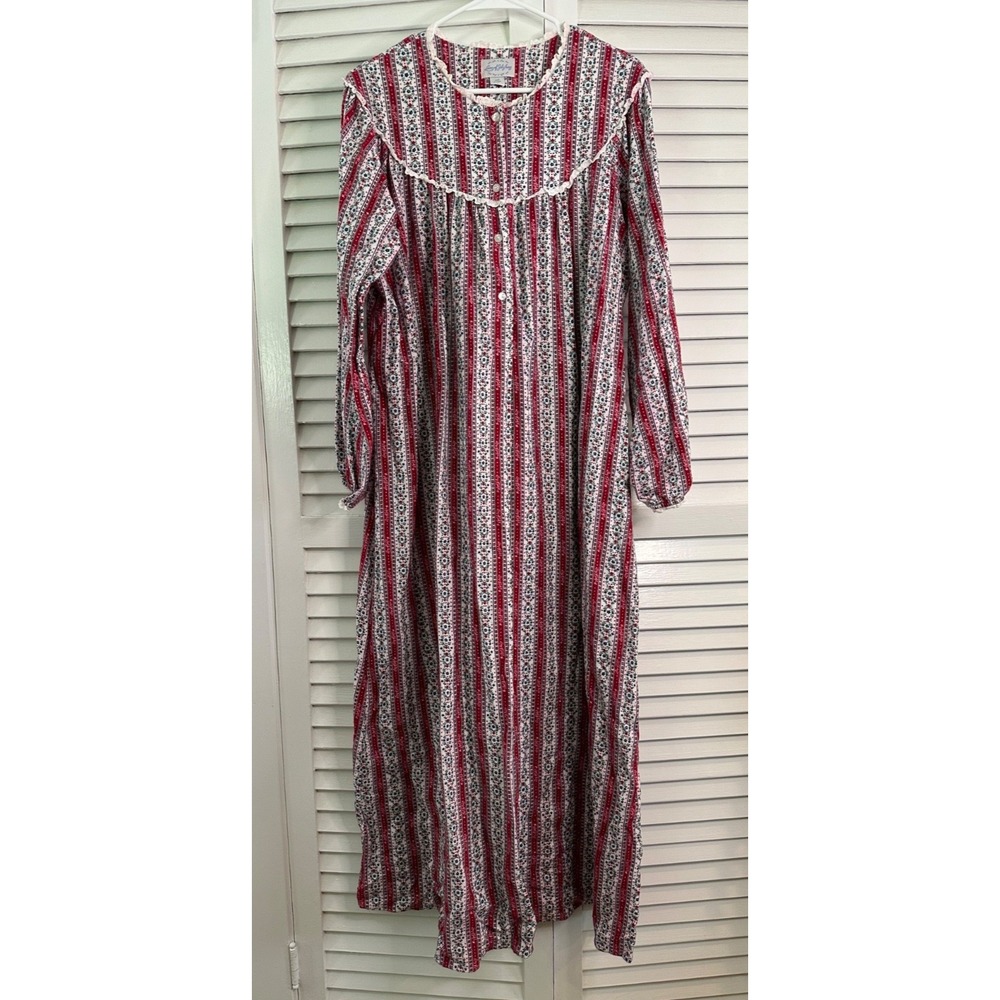 Lanz of Salzburg Size L Red Striped Floral Eyelet Lace Trim Flannel Nightgown